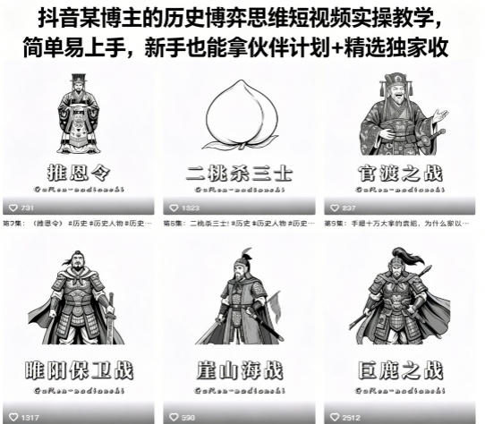 抖音某博主的历史博弈思维短视频实操教学，简单易上手，新手也能拿伙伴计划+精选独家收益-鼎铸网
