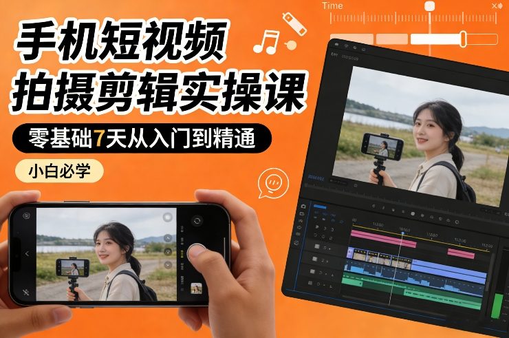 手机短视频拍摄剪辑实操课，零基础7天从入门到精通，小白必学-鼎铸网