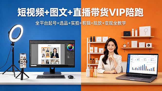 短视频+图文+直播带货VIP陪跑，全平台起号+选品+实拍+剪辑+投放+变现全教学-鼎铸网