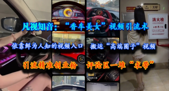 凡视知音：“香车美女”视频引流术，依靠鲜为人知的视频入口，搬运“高端圈子”视频，引流精准创业粉，评论区一堆“求带”-鼎铸网