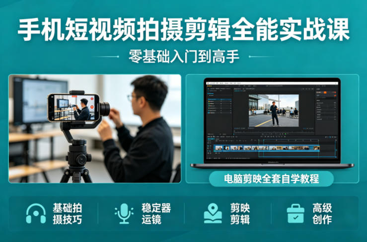 手机短视频拍摄剪辑全能实战课：零基础入门到高手，稳定器运镜+电脑剪映全套自学教程-鼎铸网