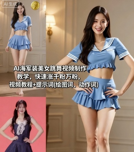 AI海军装美女跳舞视频制作教学，快速涨千粉万粉，视频教程+提示词(绘图词、动作词)-鼎铸网