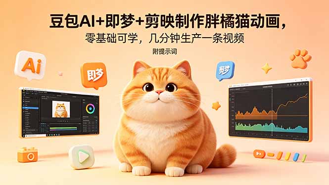 豆包AI+即梦+剪映制作胖橘猫动画，零基础可学，几分钟生产一条视频，附提示词-鼎铸网