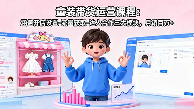 童装带货运营课程：涵盖开店设置-流量获取-达人合作三大模块，月销百万+-鼎铸网