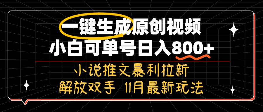 11月最新玩法小说推文暴利拉新，一键生成原创视频，小白可单号日入800+...-鼎铸网