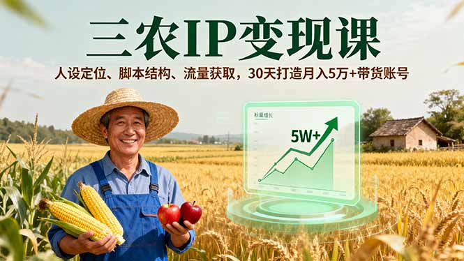 三农IP变现课，人设定位、脚本结构、流量获取，30天打造月入5万+带货账号-鼎铸网