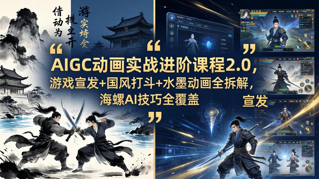 AIGC动画实战进阶课程2.0，游戏宣发+国风打斗+水墨动画全拆解，海螺AI技巧全覆盖-鼎铸网