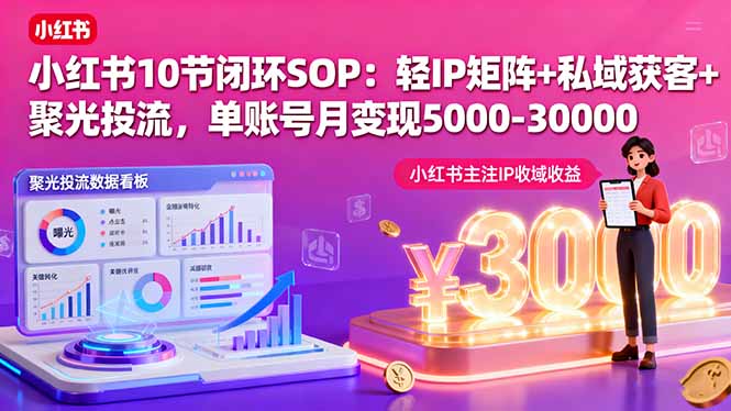 小红书10节闭环SOP：轻IP矩阵+私域获客+聚光投流，单账号月变现5000-30000-鼎铸网