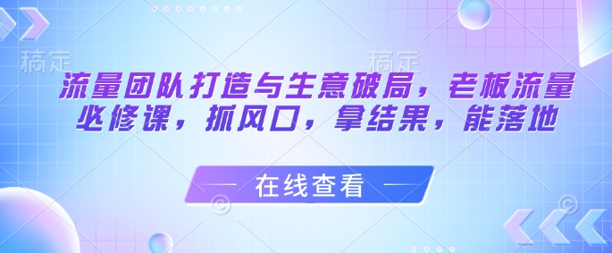 流量团队打造与生意破局，老板流量必修课，抓风口，拿结果，能落地-鼎铸网