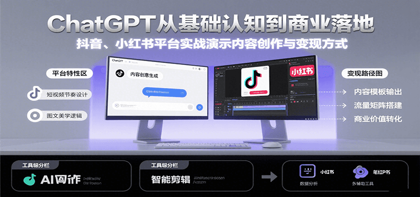 ChatGPT从基础认知到商业落地，实战演示抖音、小红书等平台的内容创作与变现-鼎铸网