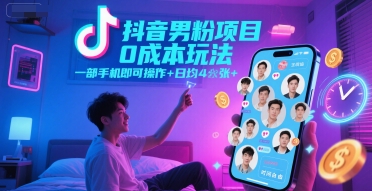 抖音男粉项目0成本玩法，一部手机即可操作，日均4张+，时间自由-鼎铸网