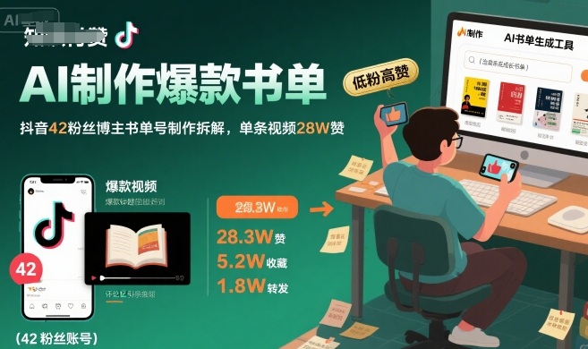 AI制作爆款书单，抖音42粉丝博主书单号制作拆解，单条视频28W赞-鼎铸网