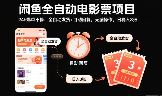 闲鱼全自动电影票项目，24h爆单不停，全自动发货+自动回复，无脑操作，日稳入3张【揭秘】-鼎铸网