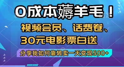 0成本薅羊毛!视频会员、话费卷、30元电影票白送，分享我如何靠转卖一天变现5张+【揭秘】-鼎铸网