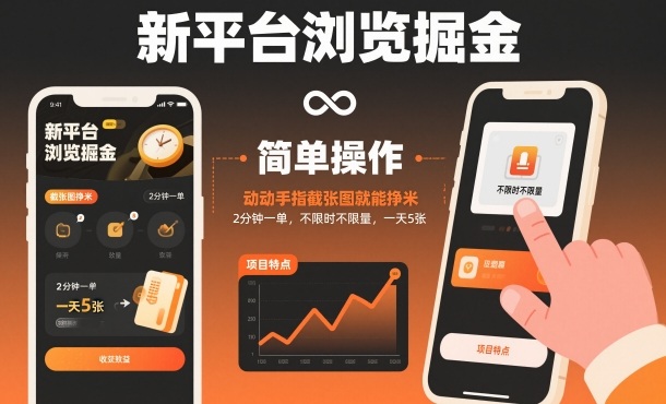 新平台浏览掘金，动动手指截张图就能挣米，2分钟一单，不限时不限量，一天5张【揭秘】-鼎铸网