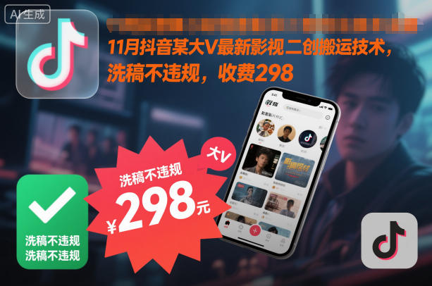 11月抖音某大V最新影视二创搬运技术，洗稿不违规，收费298-鼎铸网