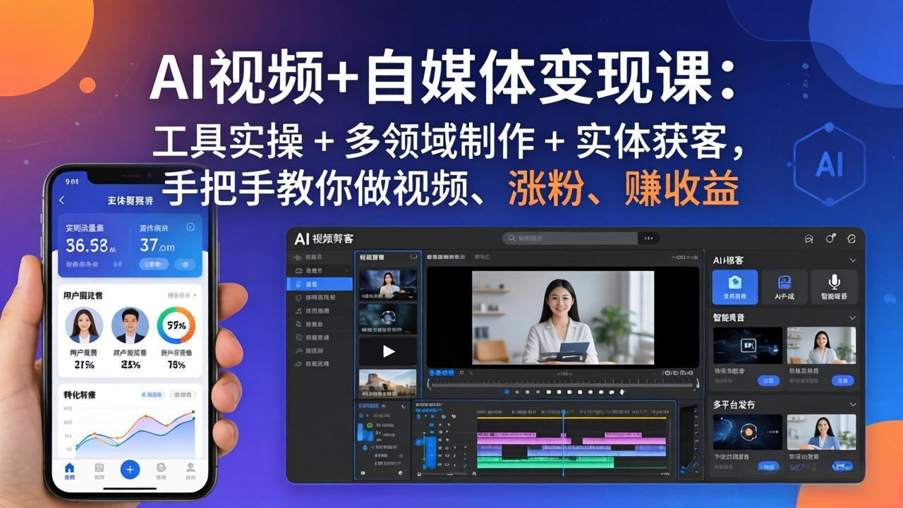 AI视频+自媒体变现课：工具实操 + 多领域制作 + 实体获客，手把手教你做视频、涨粉、赚收益-鼎铸网