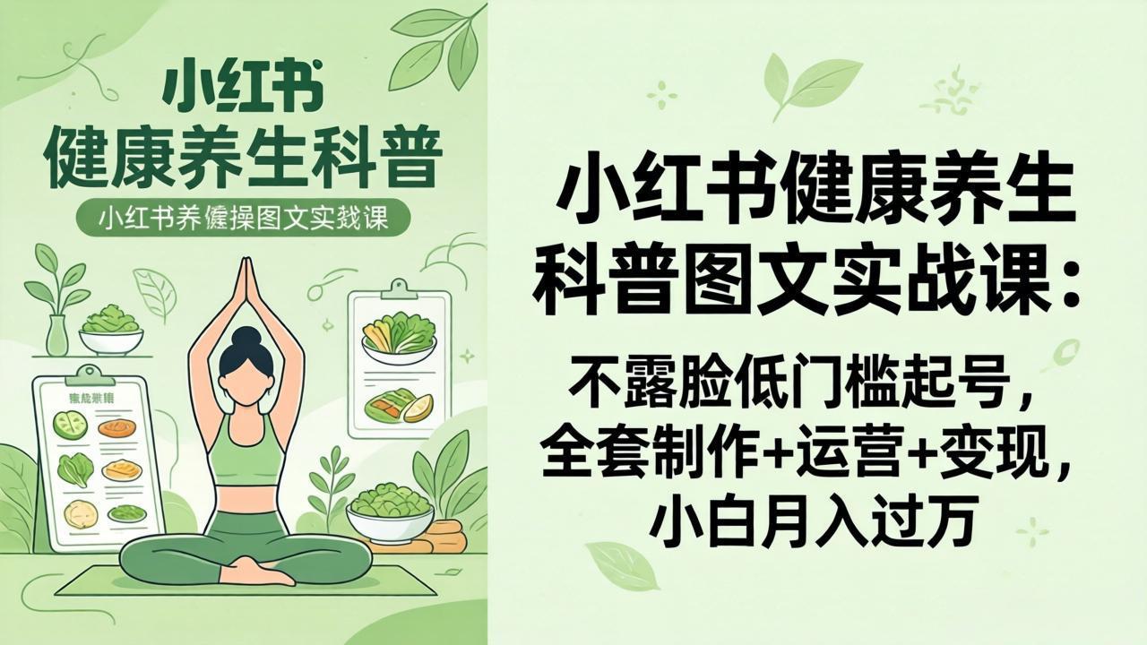 2026小红书健康养生科普图文实战课：不露脸低门槛起号，全套制作+运营+变现，小白月入过万-鼎铸网