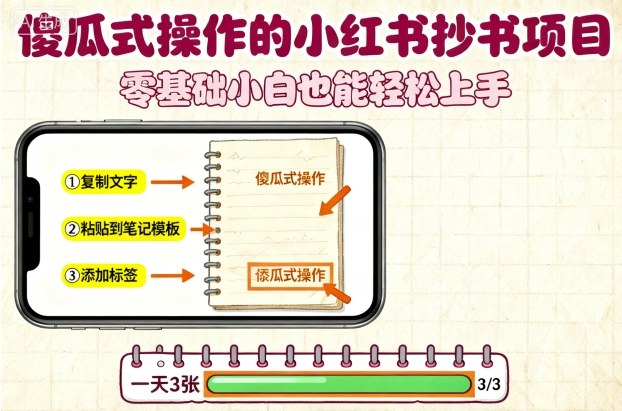 傻瓜式操作的小红书抄书项目，会复制粘贴就行，零基础小白也能一天3张-鼎铸网