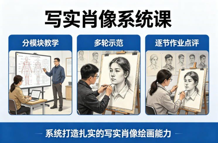写实肖像系统课，全程分模块教学+多轮示范+逐节作业点评，系统打造扎实的写实肖像绘画能力-鼎铸网