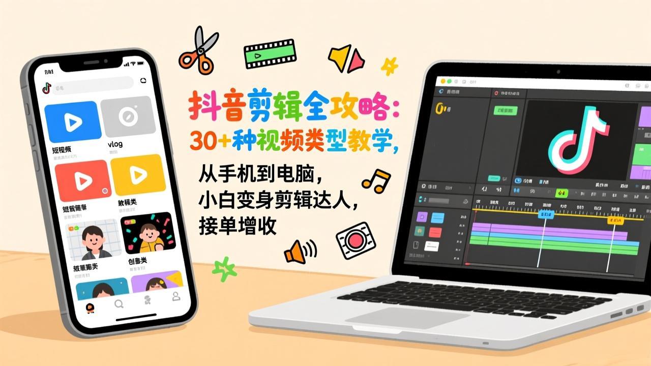 抖音剪辑全攻略：30+种视频类型教学，从手机到电脑，小白变身剪辑达人，接单增收-鼎铸网