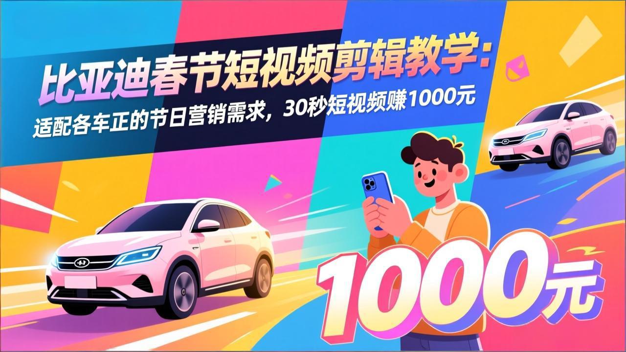 比亚迪春节短视频剪辑教学：适配各车企的节日营销需求，30秒短视频赚1000元-鼎铸网