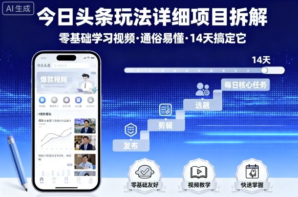 今日头条玩法详细项目拆解，零基础学习视频 通俗易懂 14天搞定它-鼎铸网