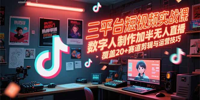 三平台短视频实战课，数字人制作加半无人直播，覆盖20+赛道剪辑与运营技巧-鼎铸网