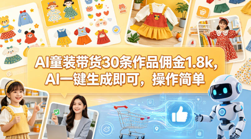 AI童装带货30条作品佣金1.8k，AI一键生成即可，操作简单-鼎铸网