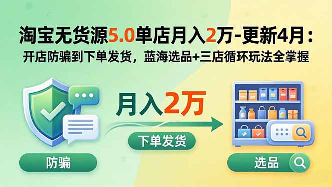 淘宝无货源5.0单店月入2万-更新5月：开店防骗到下单发货，蓝海选品+三店循环玩法全掌握-鼎铸网