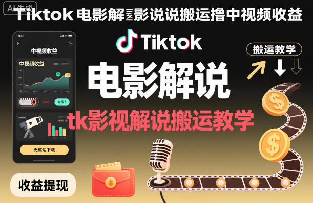 Tiktok电影解说搬运撸中视频收益，tk影视解说搬运教学-鼎铸网