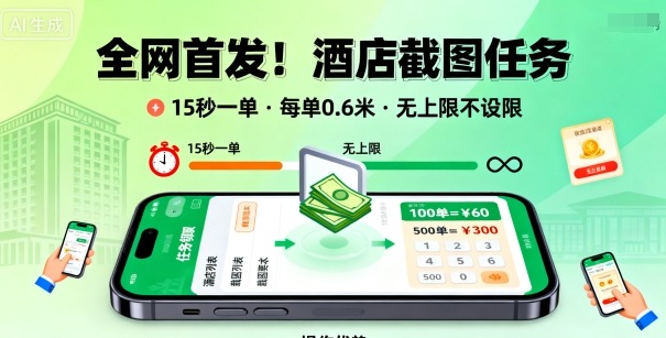 全网首发！酒店截图任务，15秒一单，每单0.6米，任务无上限不设限，矩阵操作单日3张到手【揭秘】-鼎铸网