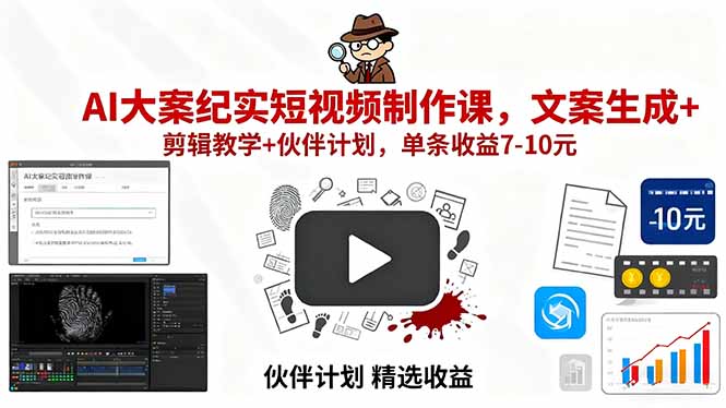 AI大案纪实短视频制作课，文案生成+剪辑教学+伙伴计划，单条收益7-10元-鼎铸网