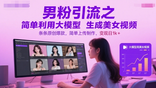 男粉引流之简单利用大模型生成美女视频，条条原创爆款，简单上传制作，变现日1k+-鼎铸网