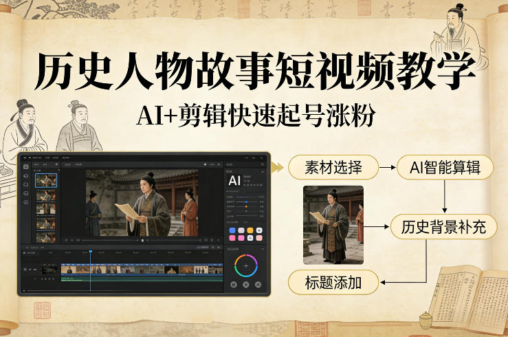 历史人物故事短视频教学，AI+剪辑制作历史人物题材短视频，快速起号涨粉-鼎铸网
