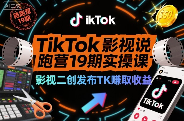 TikTok影视解说陪跑营19期实操课，影视二创发布TK賺取收益，万播收益50美金-鼎铸网