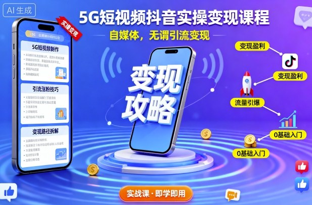 5G短视频抖音实操变现课程，自媒体，无谓引流变现-鼎铸网