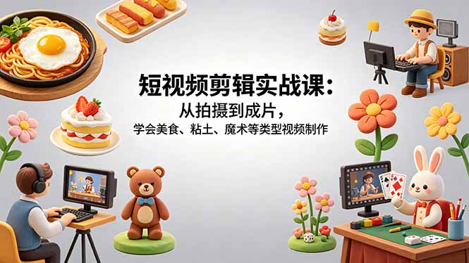 短视频剪辑实战课：从拍摄到成片，学会美食、粘土、魔术等类型视频制作-鼎铸网