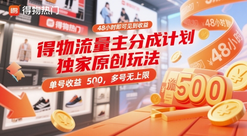 得物流量主分成计划独家原创玩法，48小时即可见到收益，单号收益5张，多号无上限【揭秘】-鼎铸网