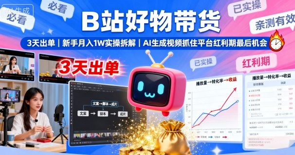 B站好物带货，3天出单，新手月入1W实操拆解，AI生成视频，抓住平台红利期最后机会-鼎铸网
