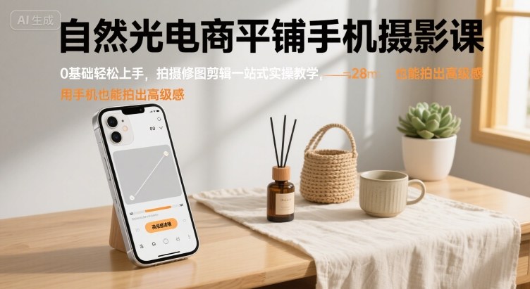 自然光电商平铺手机摄影课，0基础轻松上手，拍摄修图剪辑一站式实操教学，用手机也能拍出高级感-鼎铸网