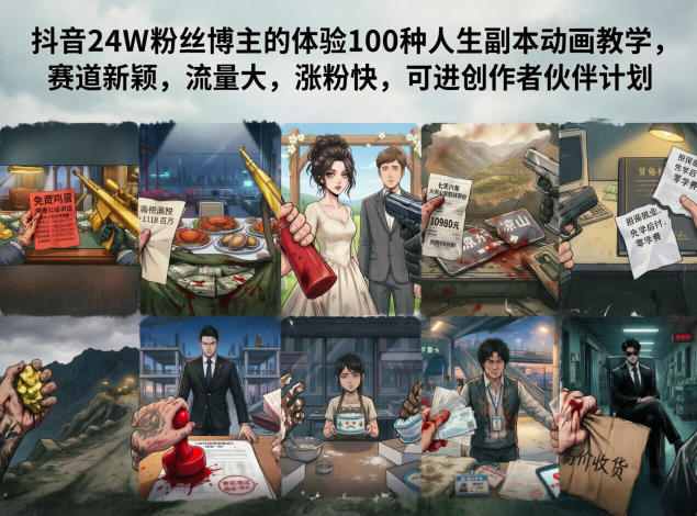 抖音24W粉丝博主的体验100种人生副本动画教学，赛道新颖，流量大，涨粉快，可进创作者伙伴计划-鼎铸网