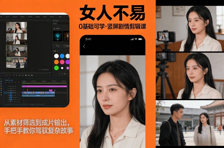 0基础可学！《女人不易》竖屏剧情剪辑课，从素材筛选到成片输出，手把手教你驾驭复杂故事-鼎铸网