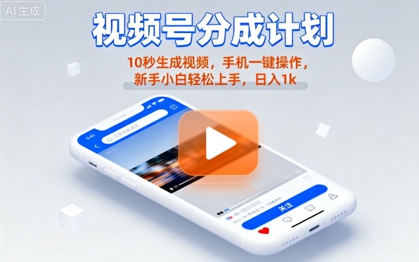 视频号分成计划懒人玩法，10秒生成视频，手机一键操作，新手小白轻松上手，日入1K【揭秘】-鼎铸网