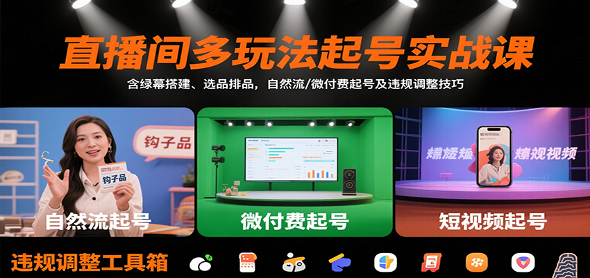 直播间多玩法起号实战课：含绿幕搭建、选品排品，自然流/微付费起号及违规调整技巧-鼎铸网