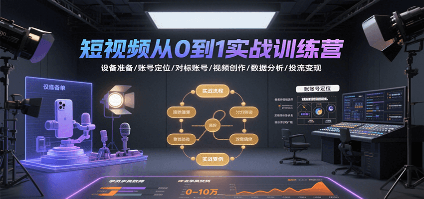 短视频从0到1实战训练营：设备准备/账号定位/对标账号/视频创作/数据分析/投流变现-鼎铸网