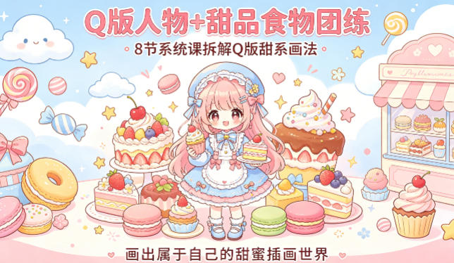 Q版人物+甜品食物团练，8节系统课拆解Q版甜系画法，画出属于自己的甜蜜插画世界-鼎铸网