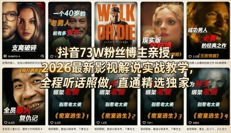抖音73W粉丝博主亲授，2026最新影视解说实战教学，全程听话照做，直通精选独家-鼎铸网