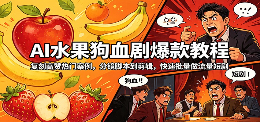AI水果狗血剧爆款教程：复刻高赞热门案例，分镜脚本到剪辑，快速批量做流量短剧-鼎铸网