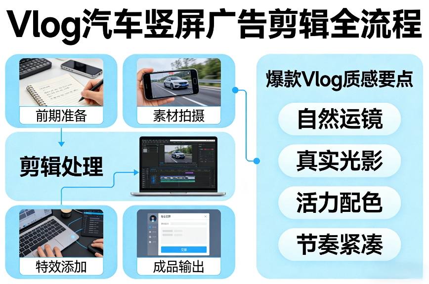 Vlog感觉汽车竖屏广告剪辑脚本全流程，拿捏爆款Vlog质感-鼎铸网